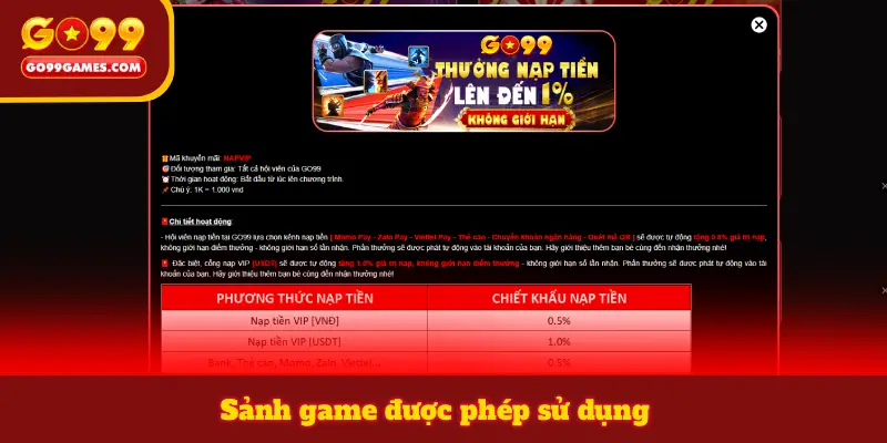 Sảnh game được phép sử dụng
